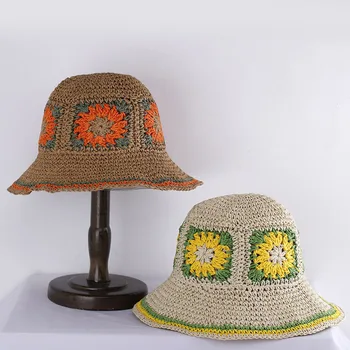 Издълбани женски сламени шапки на една кука, шапка, кофа шапка с UV защита от слънцето козирка плаж шапка жени очила жени шапка лятна шапка