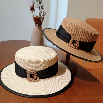 Дизайнерска марка, сламени шапки с пайети и буквата D, лятна плажна шапка за почивка на море, козирка, ежедневни шапка с голяма периферия за момичета