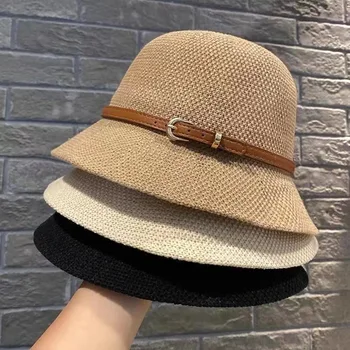 Нова дамски солнцезащитная шапка Проста бельо дишаща освежаваща шапка за летни пътувания, слънцезащитен крем, декорация от лента от слънцето, Сгъваема сламена шапка за подарък