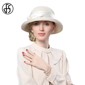 FS Елегантни прости слънчеви шапки цвят шампанско за жени, шапка със защита от ултравиолетови лъчи, женски сватбени църковни филц шапки с лък, Лято 2023, Сгъваеми
