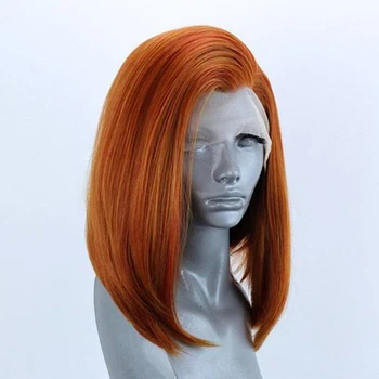 Кратък боб оранжево-червени цветове, синтетични перуки на дантели 13x4, директни ефирни перуки за cosplay с деколте 