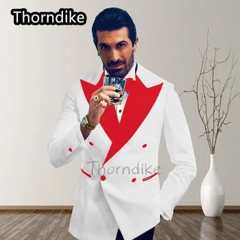Thorndike Съвременен дизайн якета и панталони 2022 Двубортный бял мъжки костюм, смокинг с яка в червената точка