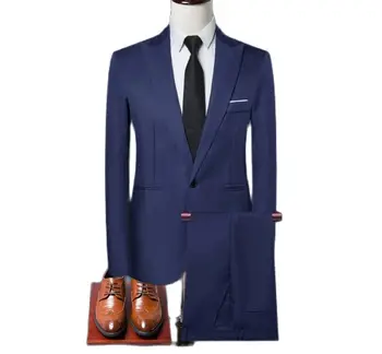 Тъмно синьо сако, панталони, двубортный мъжки костюм, комплект с ревера, сватбени облекла, бизнес парти, официално облекло, 2 броя, яке + панталон