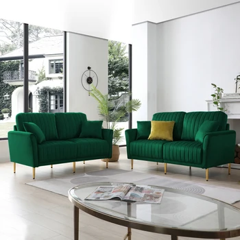 Зелено Кадифе диван и Диванный слушалки за всекидневната, Модерен Комплект мека мебел на 2 място на 2 части, Мебелен диван-слушалки с Подвижни възглавници