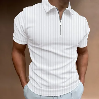Нова Лятна памучен риза с къси ръкави с ревера на мълния, ежедневна спортна мъжка риза с къси ръкави в тънка ивица, тениска