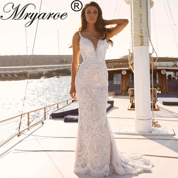 Mryarce Ново Елегантно Бельо Сватбена рокля в стил бохо, Богемные Сватбени Рокли на Русалка, без ръкави