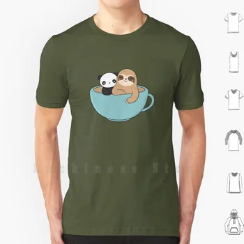 Тениска Сладък Kawaii Sloth and Panda 6xl, памучен готина тениска, сладък ленивец, Кавайный ленивец, очарователен ленивец, Chibi Ленивец, забавен ленивец