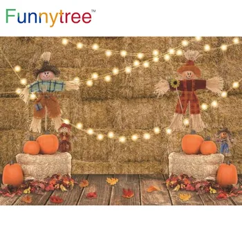 Funnytree Есенна Тиква На Хелоуин, на Фона на партита, Светлини, Банер, Листа, Детско Плашило, Купа Сено, на Фона На Фотозоны