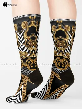 Златни декоративни чорапи в стил барок с черно-бели геометрични зигзагом, дамски чорапи за обувки, удобни чорапи Best Girls Sports Gd Hip Hop