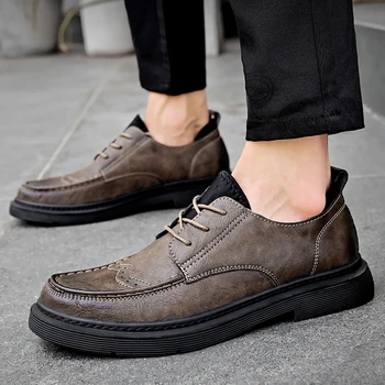Обувки от естествена кожа, мъжки обувки, дишаща британска спортна бизнес официалната ежедневни обувки на равна подметка, Шевна обувки за преходи в ретро стил
