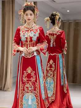 Винтажное расшитое мъниста сватбена рокля Чонсам в китайски стил с лъскави пайети за булката, източен сватбен костюм, премяна