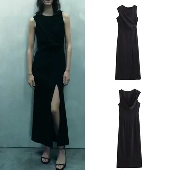 PB&ZA, нови летни дамски модни прости черни елеци без ръкави с качулка, темпераментное рокля с отворено с вилица