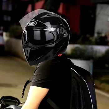 Черен мотоциклет шлем, полнолицевой каска, спускащите двойна козирка, мотоциклет шлем, сезон предпазна каска с защита срещу замъгляване