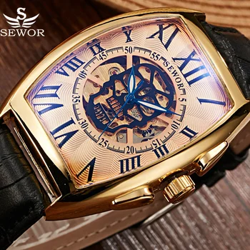Марка SEWOR Златни мъжки механичен часовник в стил Пиратски Череп и Скелет с автоматично кожена каишка в ретро стил, мъжки ръчен часовник Relogio Masculino