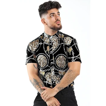 Лятна мода мъжка риза, ежедневни градинска риза с къс ръкав с цип, тънка бързосъхнеща риза под формата на Леопард с дигитален печат