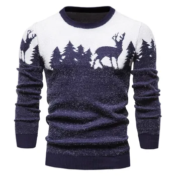2023, мъжки пуловер с кръгло деколте и сняг елен, елха, Пуловер Термален празничен пуловер за мъже