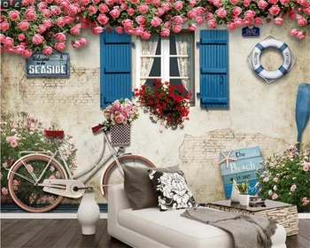 бейбехан, тапети по поръчка, 3d-стенопис, средиземноморско прозорец, розова роза, фонова стена, хол, спалня, тапети papel de parede