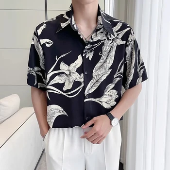 Реколта мъжка риза с къс ръкав и цветна принтом, летен коприна лед с флорални принтом, Хавайски Camisa Masculina, вечерни мъжки ежедневни ризи с копчета