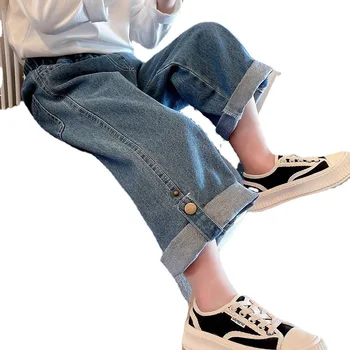 Детски дрехи 2023, пролетно-есенни нови директни дънкови панталони с широки штанинами за малки момичета, дънки