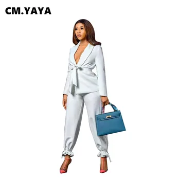 CM.YAYA/ Женски комплект от две части, Елегантен блейзър, Блузи и Панталони с лък, Офис Женски есенен комплект, Ретро, спортен костюм