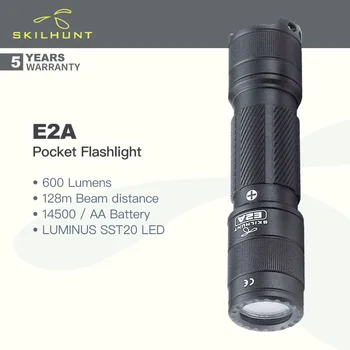 Компактен джобен фенер Skilhunt E2A, 600 лумена, Батерия 14500 / AA, Студен / Неутрално бял / Висок CRI, Водоустойчив, къмпинг