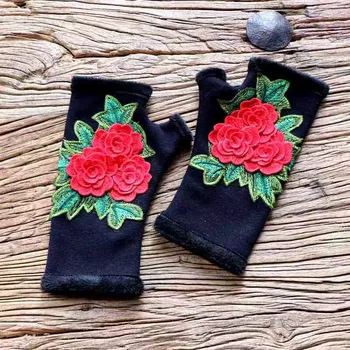 Луксозни зимни ръкавици без пръсти с 3D бродерия на цветя, модерни ръкавици на половин пръст за жени