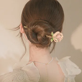 Ретро Розова родословна за коса, шнола за коса в задната част на главата, лъжица, чиния, коса във формата на конска опашка, модерен шапки, аксесоари за коса за момичета, подарък