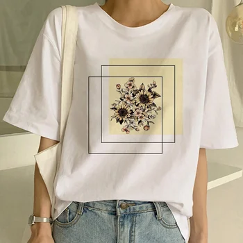 Дамска риза с геометричен модел на растения и цветя, женска тениска Harajuku с къси ръкави и геометрични цветове, дамски ежедневни тениска