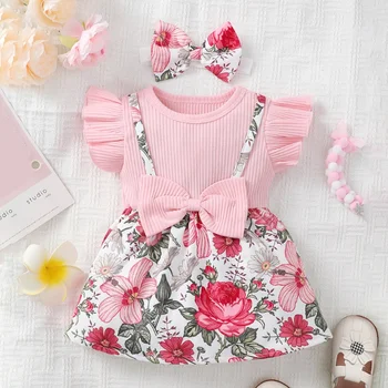 Рокля за новородени момичета от 3 до 24 месеца, лятна рокля в корейски стил с ръкави-рюшами и лък за деца, сладки розови рокли принцеса с цветен модел за момичета