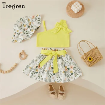 Tregren Fashion Kids Летни дрехи за малките момичета, ежедневни блузи без ръкав, еластична пола с цветен модел и комплект солнцезащитной шапки за бебета