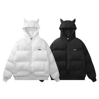 2022 Мъжки памучен яке в стил хип-хоп с забавен дявола с качулка, топло ежедневни яке, изработени от памук, в есенно-зимната мода мъжка черна, бяла