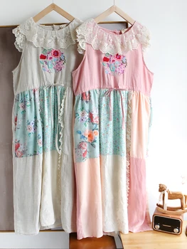 Летни Дамски рокли Sweet Mori Kei Момиче, свободни, по-големи Размери, с цветна бродерия, с принтом в стил мозайка, удобни памучни рокли без ръкави