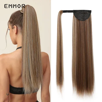 Emmor Highlight блондин, Кафяв, синтетичен дълга права опашка за жени, cosplay, естествена коса, высокотемпературное влакна