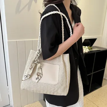 Дамски плетени от слама чанта през рамо, луксозен дизайнерски дамски ежедневни чанти-тоут, дамски ежедневни чанта с голям капацитет, плажни чанти за пазаруване за еднократна употреба