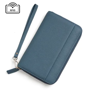 Луксозен Rfid портфейл от естествена кожа с дълъг цип, висококачествен 100% клатч от естествена кожа, синьо, зелено, притежател на кредитна карта, портмоне