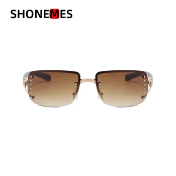 Слънчеви очила ShoneMes без рамки, ретро женски квадратни слънчеви очила, стилен дизайн, кристали и в голяма рамка, улични нюанси UV400 за дамите