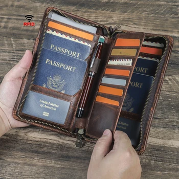 RFID-притежател на паспорт, мъжки корици за паспорти от естествена кожа със слот за писалка, Пътни чанти, чанта за лична карта, Органайзер за документи