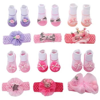 Чорапи за бебе 0-6 месеца, памучни чорапи с цветя модел за малки момичета, комплект превръзка на главата си, дрехи за новородени момичета, аксесоари за новородени