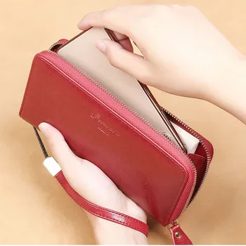 модерен дълъг кожен портфейл с цип за жени, притежател на кредитна карта, в чантата си-клатч, чанта за пари
