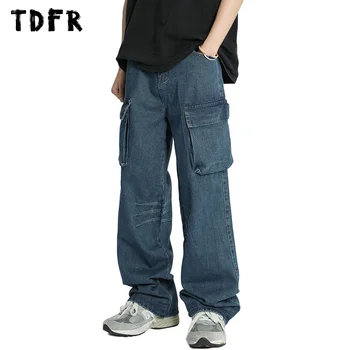 Дънки-карго с множество джобове, мъжки нагънат ретро ежедневните свободни преки выстиранные дънкови панталони, мъжки панталони
