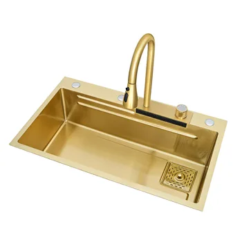 75 * 46 см злато 304 неръждаема стомана, мивка с водопад 