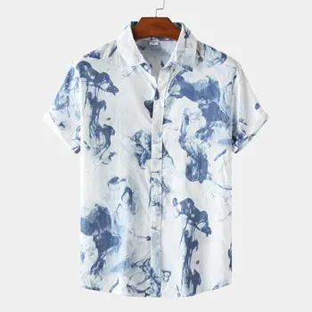 Мъжки хавайска риза с принтом сини пръски мастило, ежедневни, плажни ризи с копчета и къс ръкав, мъжки лятна нова облекло за почивка