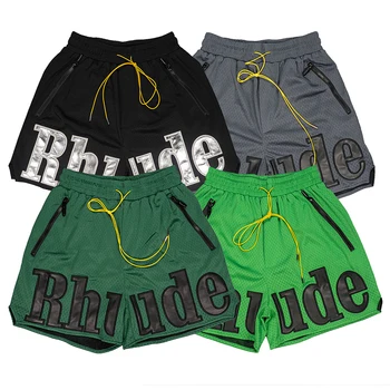 Черни летни Зелени сиви гащички Rhude за мъже и жени е 1:1, Всекидневни кожен джоб с цип с лого, с завязками, вътре в окото свободни шорти RHUDE