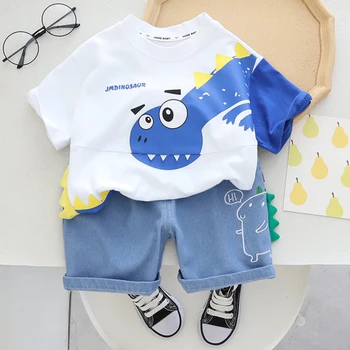 Комплекти летни дрехи за малки момчета, тениска с изображение на динозавър, къси панталони, комплект дрехи от 2 теми за малки момчета, спортни костюми за деца на възраст 0-4 години