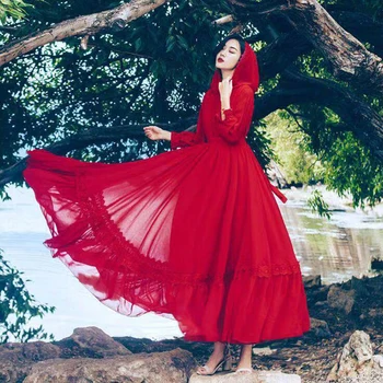 2022 Годишният Нов костюм за народни танци в китайски стил, женски Нов червен шифоновый костюм голям размер, дълги, тънки рокли с качулка