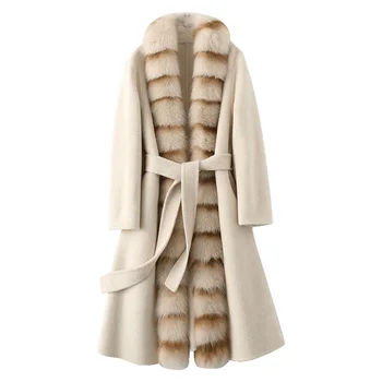 Дамско палто Hwitex от вълна 10% Алпака, меховое палта, дамски палто с яка от лисьего кожа, изчистен колан, вълнена смес, дълго палто HW8012
