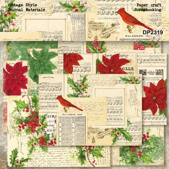 8 листа Формат А5 с червени цветя и зелени листа, хартия с дизайн за scrapbooking, Необичайна за опаковане на карти, лесна картичка ръчна изработка