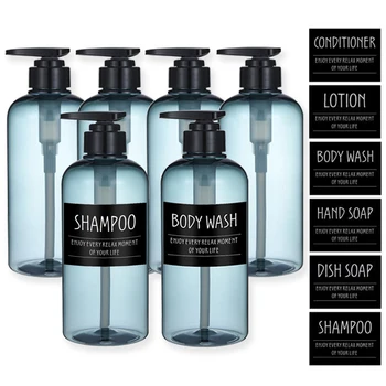 6 опаковки флакон с дозатор сапун за еднократна употреба, Шампоан-балсам за душата, бутилки с етикети за кухня/баня 500 мл