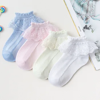 Детски дантелени чорапи с волани, мрежести къси чорапи принцеси за момичета, лятото дишащи памучни чорапи обикновена
