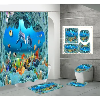 Seaworld, удебелена завеса за душа в банята, комплект от четири теми, набор от сухи непромокаеми висящи щори за тоалетна, домашен декор.